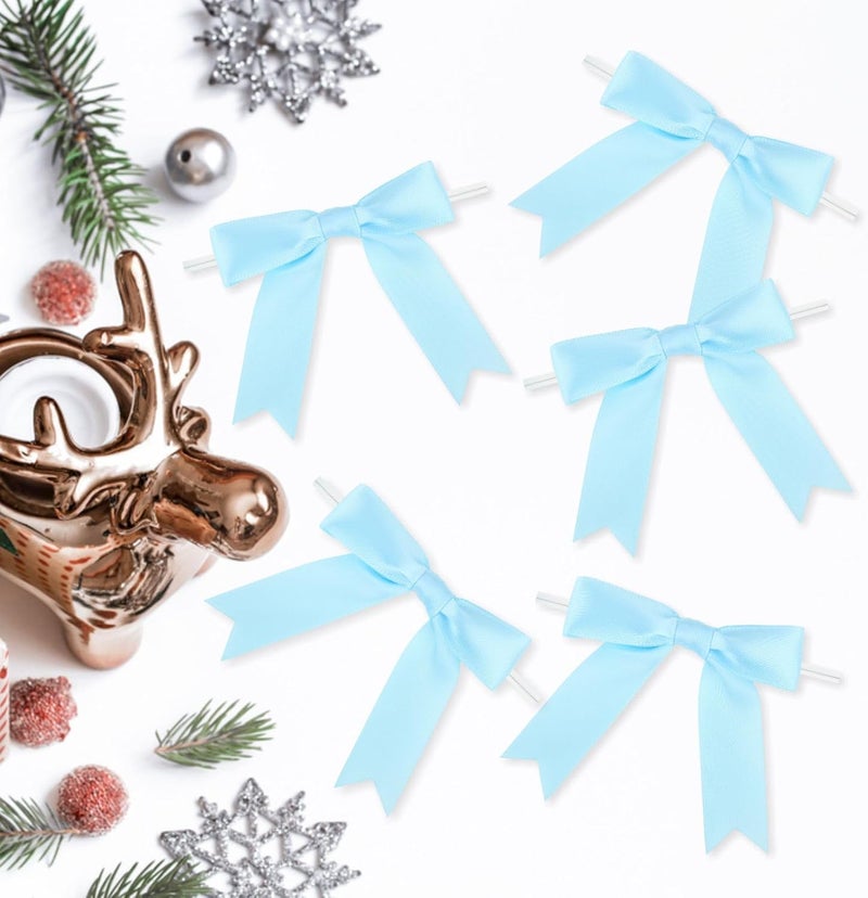 Meseey 50 Pcs 3 Inches Twist Tie Satin Ribbon Bows Baby Blue Pretied Premade Craft Bows for Treat Bags Gift Wrapping Basket Wedding Baby Shower Brithday Christmas Party (3", Baby Blue) - Image 4